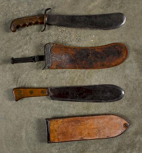 Two US Bolo knives and scabbards, to include a US Model 1913 and a WW II USMC Hospital Corpsman.