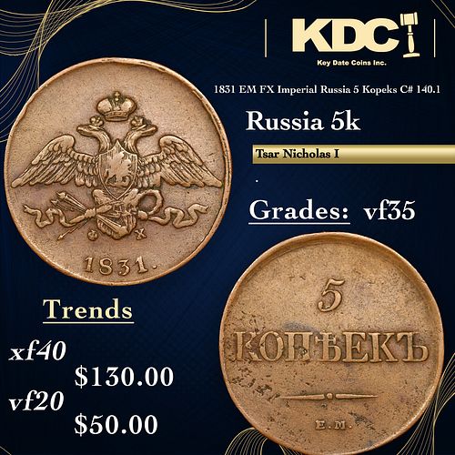 1831 EM FX Imperial Russia 5 Kopeks Ancient C# 140.1 Grades vf++