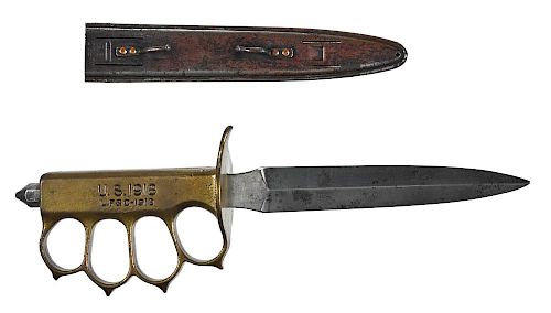 L.F.&C. - 1918 WW I Mark I brass trench knife, with scabbard, both knife and scabbard are maker