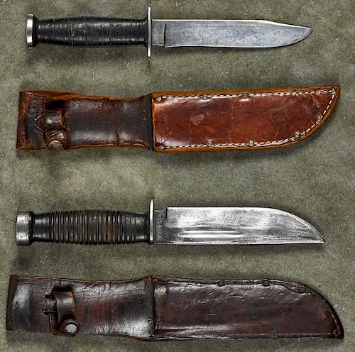WW II era Case XX 337-6Q fighting knife with sheath, 6'' blade, together with a Kinfolks fighti