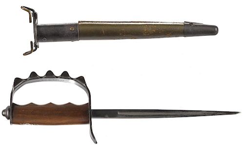 A. C. Co. 1917 WW I trench fighting knife, with scabbard and iron knuckle bow, 9'' blade.