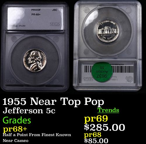 Proof 1955 Jefferson Nickel Near Top Pop! 5c Graded pr68+ BY SEGS