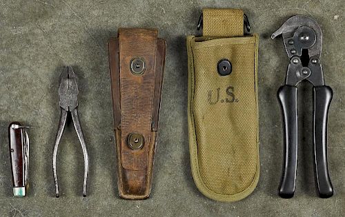 WW II era lineman's tool set, to include a TL-29 Ulster pocket knife and a wire cutter in a leat