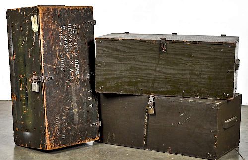 Three WW II plywood foot lockers, 13'' h., 31 1/2'' w.