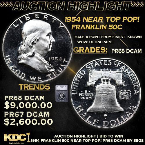 Proof ***Auction Highlight*** 1954 Franklin Half Dollar Near Top Pop! 50c Graded pr68 dcam BY SEGS (fc)