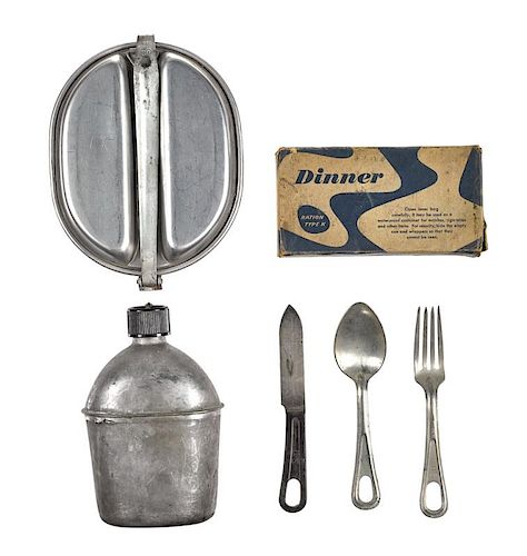 WW II K ration dinner, in original box, with wax sealed contents, packaged by Hiram Walker & Sons,