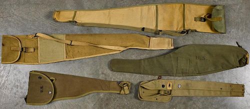 Five WW I and WW II canvas rifle cases & carbine cases
