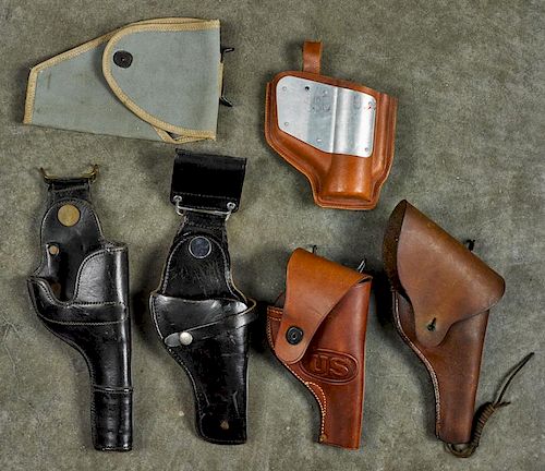 Six leather pistol holsters, to include two black dress holsters, one marked Bucheimer 1970, two
