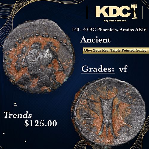 140 - 40 BC Phoenicia, Arados AE16 Ancient Grades vf