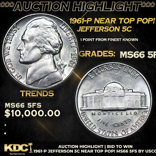 ***Auction Highlight*** 1961-p Jefferson Nickel Near Top Pop! 5c Graded GEM+ 5fs BY USCG (fc)