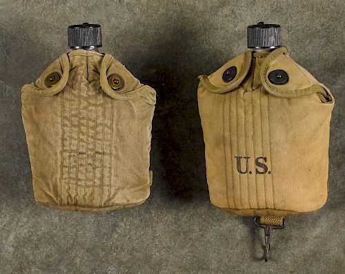 Two US cavalry/Airborne canteens with covers, originally designed as M1910 cavalry adapted for Air