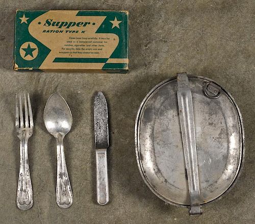 WW II K ration supper, in original box, with wax sealed contents, packaged by Hiram Walker & Sons,
