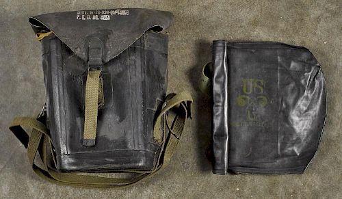 Rubberized WWII US Army assault gas mask bag, together with a waterproof signal or mail bag, U.S.