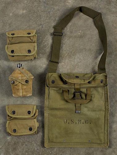 Two WW II USMC grenade pouches, 7 1/2'' w., together with a USMC canteen and a USMC water bladder.