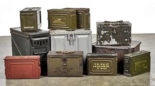 Eleven metal ammunition boxes, most WW II, largest - 14 1/2'' h., together with a mess canister.
