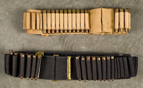 US 30-40 Krag double stack bandolier web belt, together with a single stack bandolier, with 47 RA