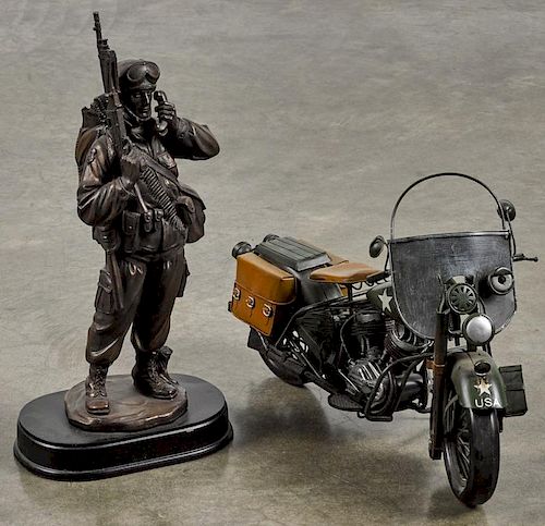 Contemporary tin Army Indian motorcycle, 15 1/2'' l., together with a resin statue of a soldier, 15