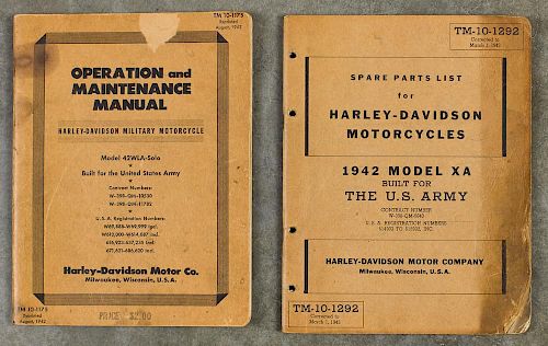 Two US Army Harley Davidson 1942 manuals, to include a spare parts manual and operation manual.