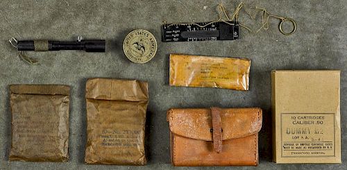 Miscellaneous WW I and WW II accessories, to include a M1918 Musketry Rule, US Army cap tin, pen