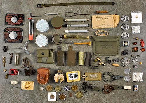 Large group of military related items, to include mirrors, whistles, commemorative coins, pins, me