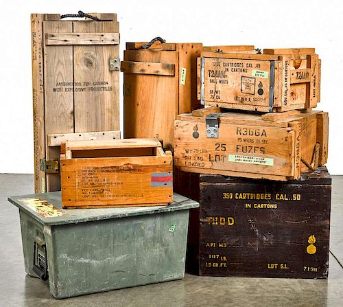 Six wooden ammo boxes and shipping crates, together with a USMC plastic box insert, tallest - 17 3