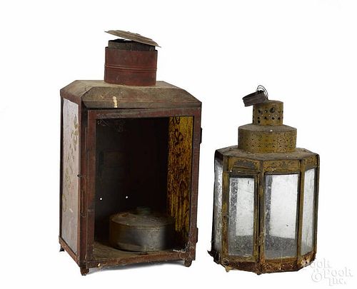Two painted tin lanterns 19th c., the larger example inscribed Oysters on the side windows, 20'' h.