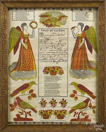 Pennsylvania printed and handcolored fraktur by Saeger and Leisenring, Allentown, dated 1864