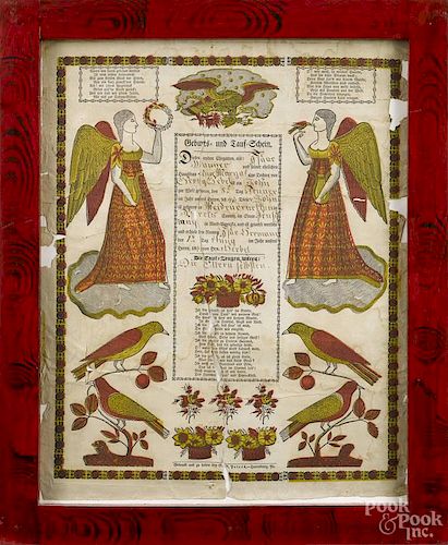 Three Pennsylvania printed and handcolored fraktur, 19th c., by G. S. Peters, Grater and Blumer