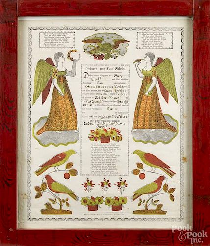 Pennsylvania printed and handcolored fraktur by Theo. Scheffer, Harrisburg, dated 1831
