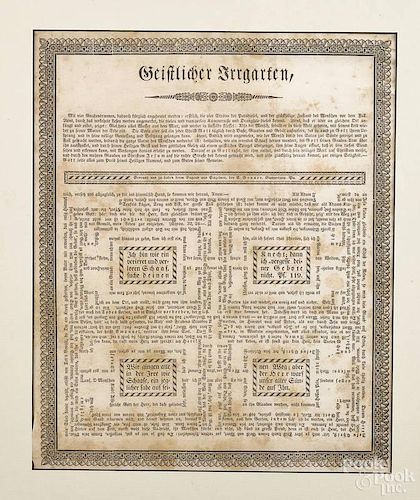 E. Benner, Sumnytown, Pennsylvania, printed irrgarten broadside, 19th c., 14'' x 11 1/2''.