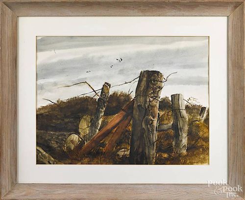 Rea N. Redifer (American 1933-2008), watercolor landscape with fencepost, signed middle right