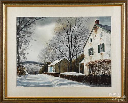 Mildred Sands Kratz (American 20th c.), watercolor on paper winter landscape, signed lower left