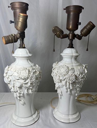 Pair of Large Chinese Blanc De Chine Porcelain Vase Lamps, Applied Flowers