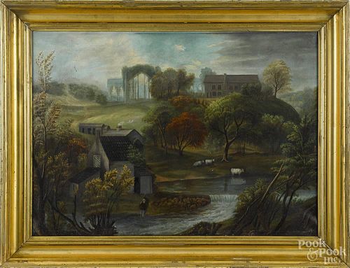 Oil on canvas landscape, 19th c., of a stream and cows, 21 1/2'' x 31 1/2''.