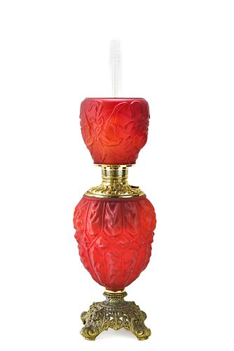VICTORIAN RED SATIN GLASS OIL LAMP