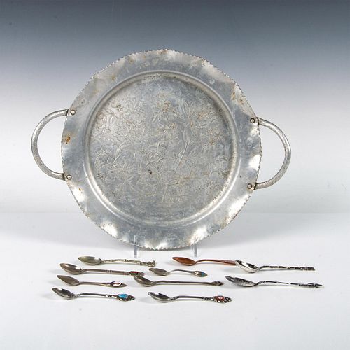 11pc Wrought Aluminum Tray and Assorted Souvenir Spoons
