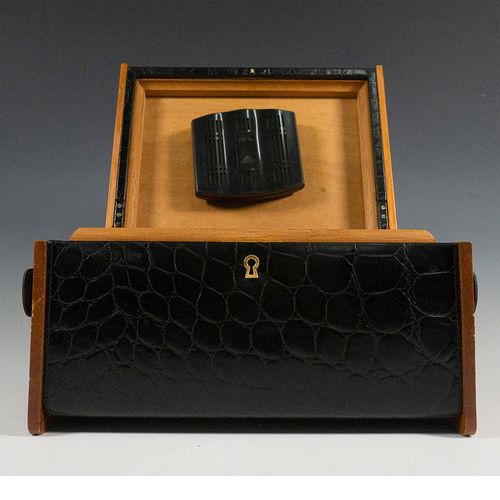Spanish Black Leather and Wood Cigar Humidor Box