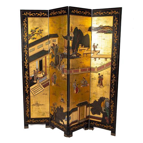 Original Gilded and Hand Painted Four Panel Asian Screen