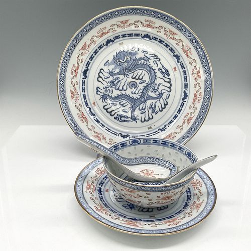 5pc Chinese Porcelain Blue Dragon Server Ware