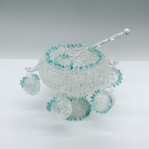 8pcs Mini Artisan Spun Glass Punch Bowl Set With Blue Trim