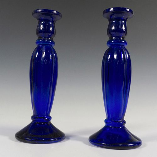 Pair of Vintage Art Glass Blue Candle Holders