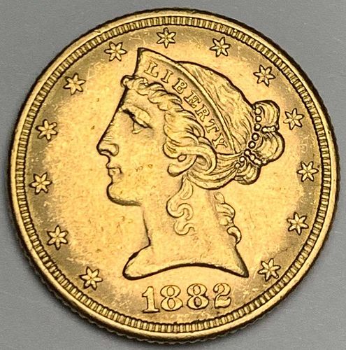 1882 Gold $5 Liberty Head AU58