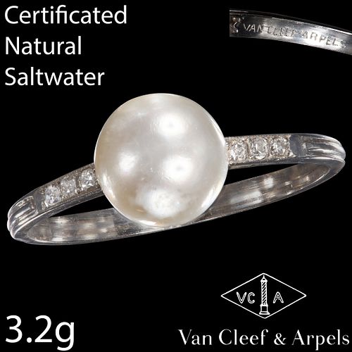 RARE CERTIFICATED VAN CLEEF & ARPELS, CERTIFICATED NATURAL SALTWATER PEARL AND DIAMOND RING, 