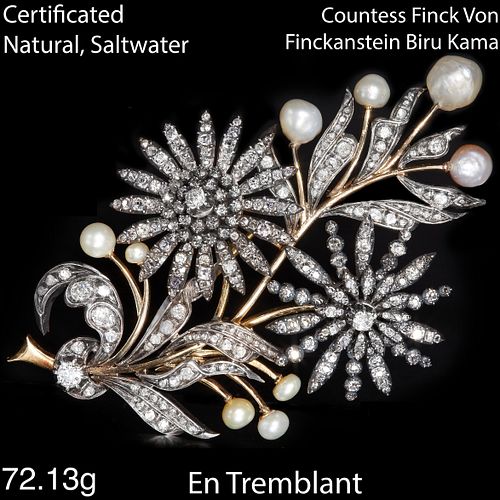 MAGNIFICENT AND RARE LARGE, CERTIFICATED NATURAL SALTWATER  PEARLS AND DIAMOND FLORAL DOUBLE 'EN TREMBLANT' SPRAY BROOCH. 