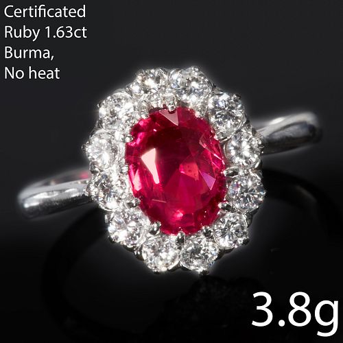 CERTIFICATED 1.63 CT. BURMA RUBY AND DIAMOND CLUSTER RING,