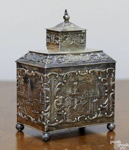 Dutch repoussé silver tea caddy, late 19th c., with maker's mark HH, 4 1/8'' h., 3.6 ozt.