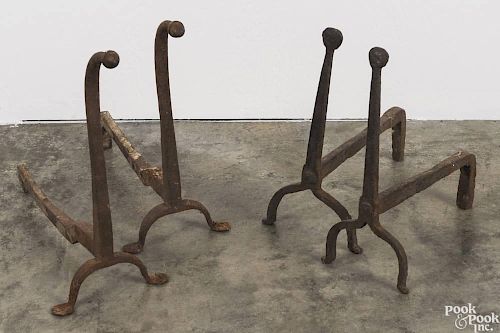 Two pairs of wrought iron andirons, 19th c., 12 1/2'' h. and 14 1/4'' h.
