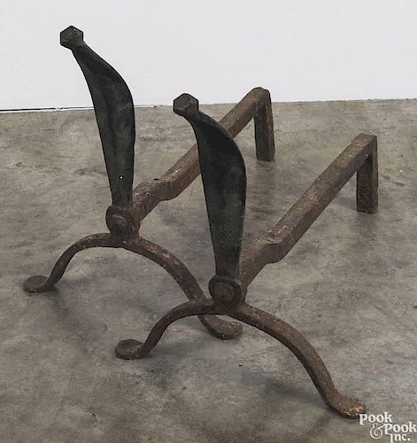 Pair of wrought iron andirons, 19th c., 15 1/2'' h.