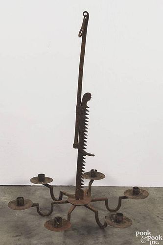 Wrought iron chandelier, 20th c., with a trammel-form stem, 31 1/2'' h.