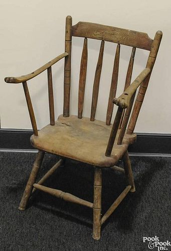 Arrowback Windsor armchair, 19th c., with unusual knuckled handholds.